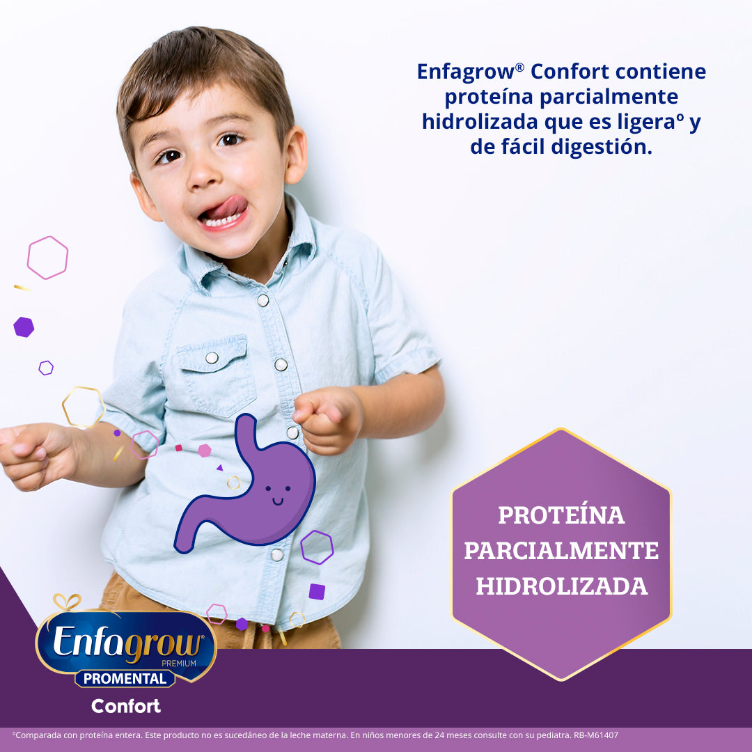 Enfagrow Confort tiene proteínca parcialmente hidrolizada que es ligera y de fácil digestión